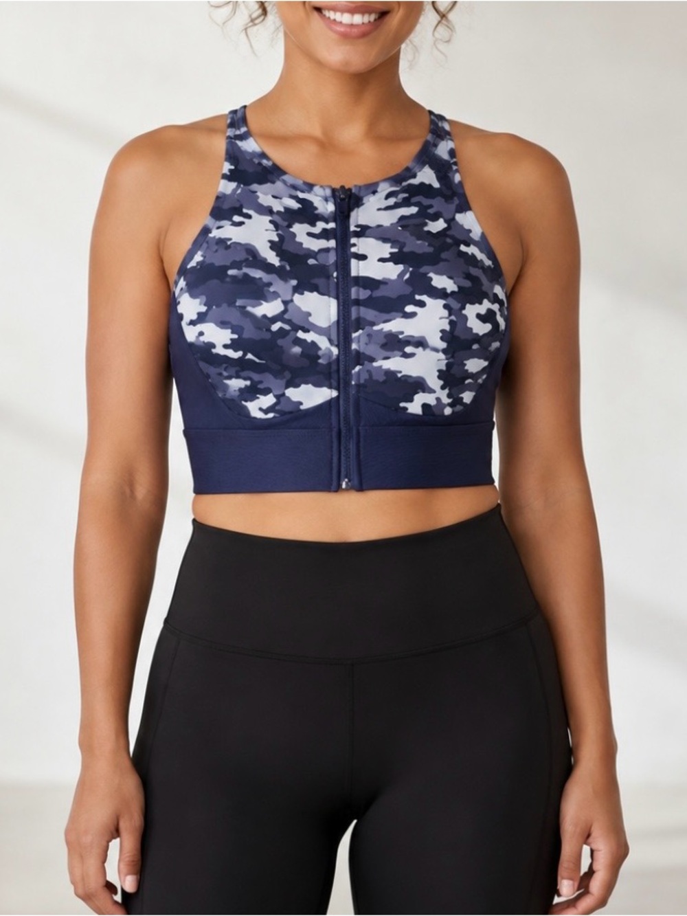 Fabletics Ella High Support Zip Front Sports Bra Blue Camo NWT XS 2/4